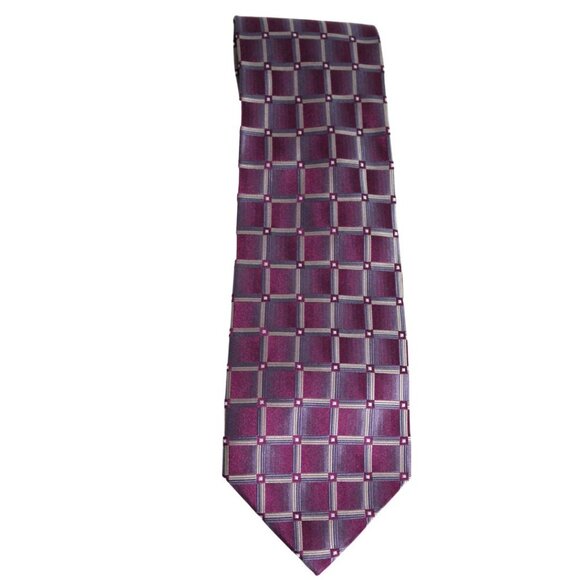 100% Silk Tie - Garnet, Burgundy, Charcoal Grey & Beige Squares - Picture 1 of 3